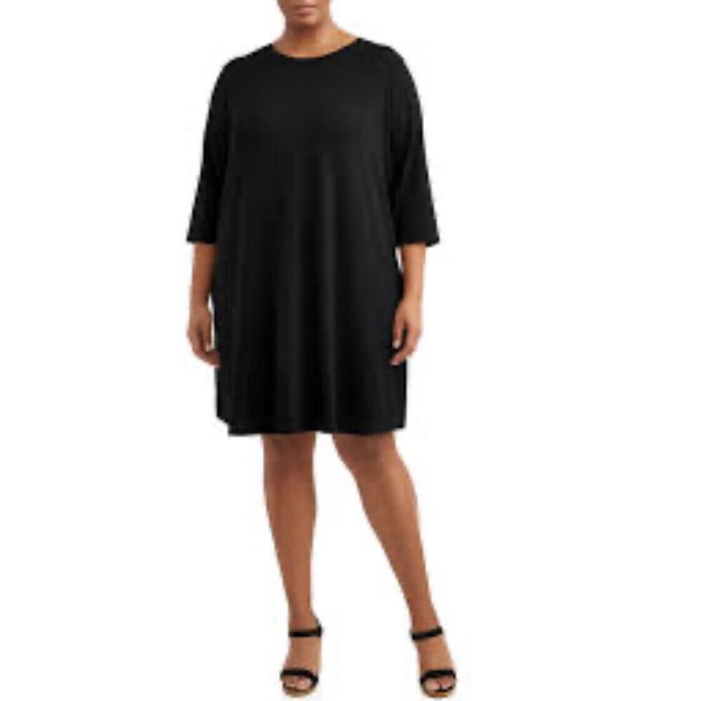 Eileen Fisher Midi Dress Size SP Black 3/4  Sleeve Stretchy Jersey Knit‎ Neutral